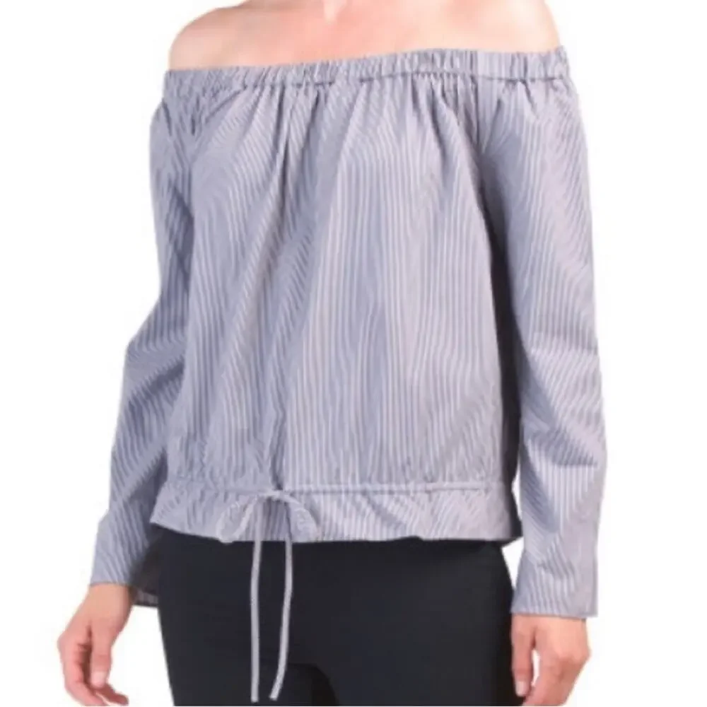 Theory Odettah Off Shoulder Seersucker blue and white striped blouse top fall